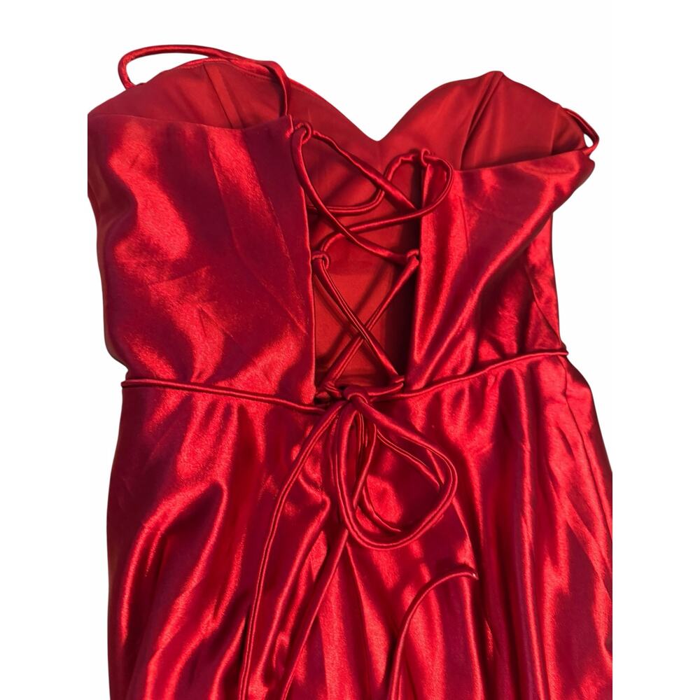 STACEES Red Satin Corset Gown Thigh-High Slit - Size 8 - Picture 10 of 16
